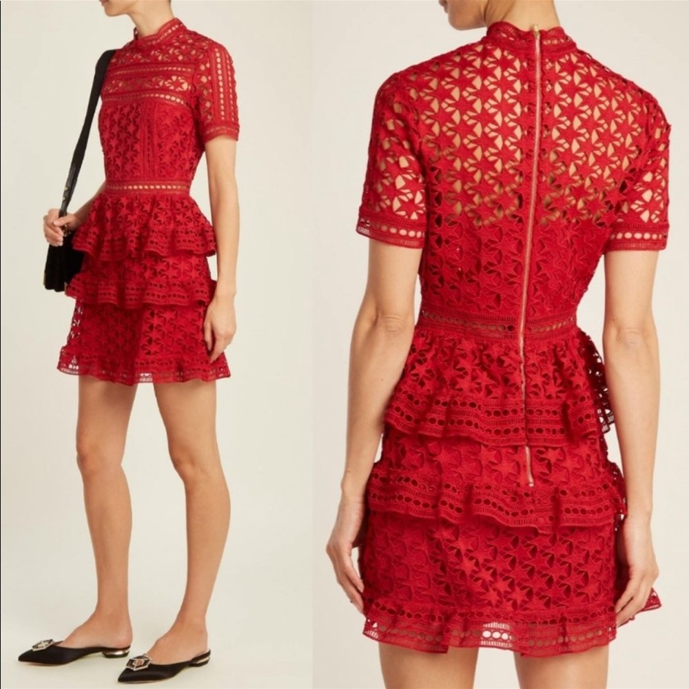 Self Portrait Red Star High Neck Guipure Lace Paneled Mini Dress Size 4 NWT - Picture 13 of 14